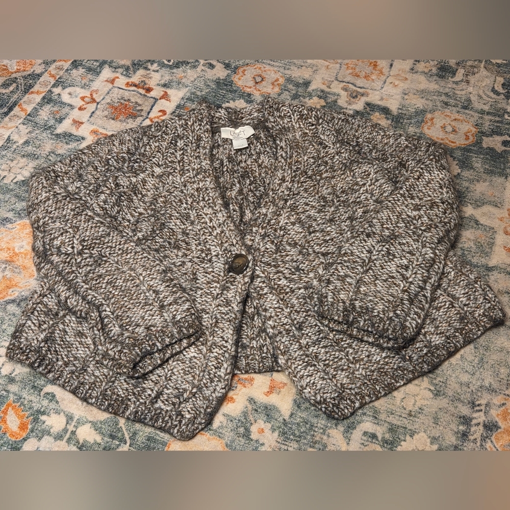 LOFT Brown, Cream, Gold Alpaca Wool Blend One Button Cardigan Sz XS Petites